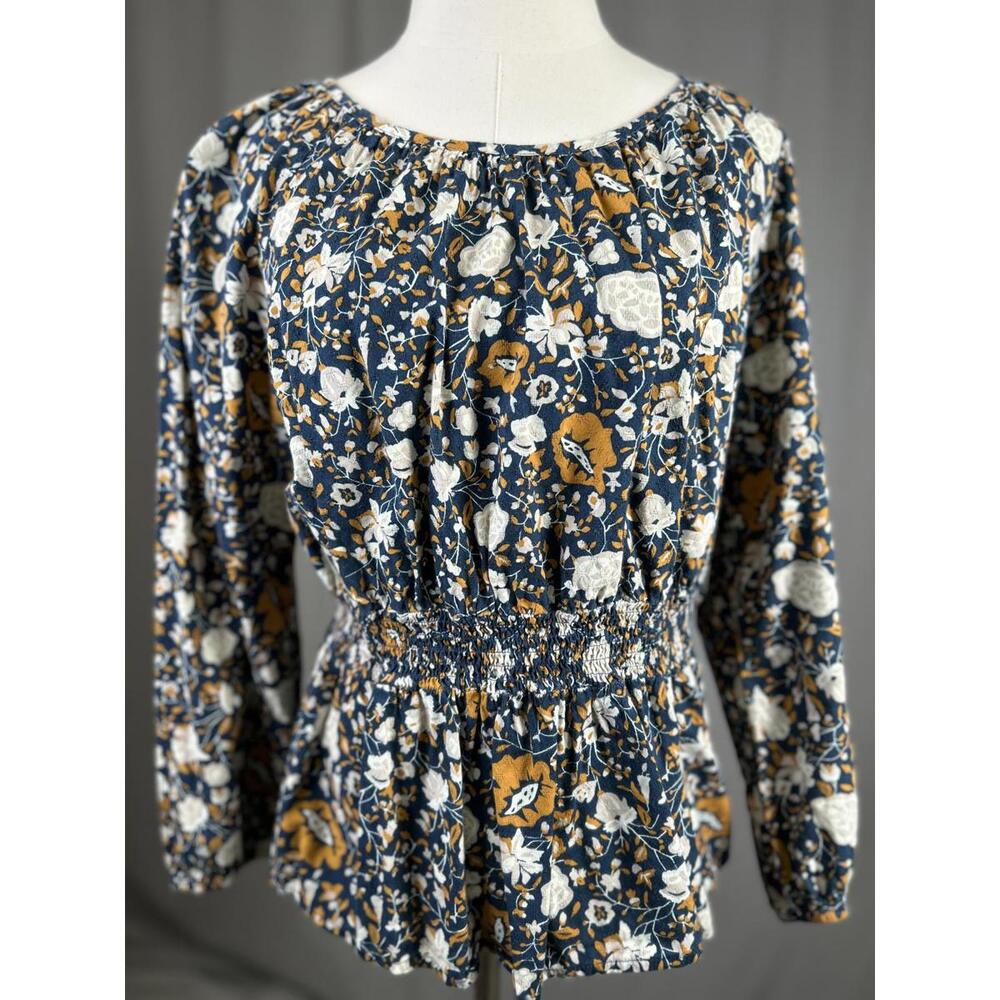 Universal Thread Womens Teal Floral Blouse Lng Sleeve Sz L Cottagecore Fall Boho